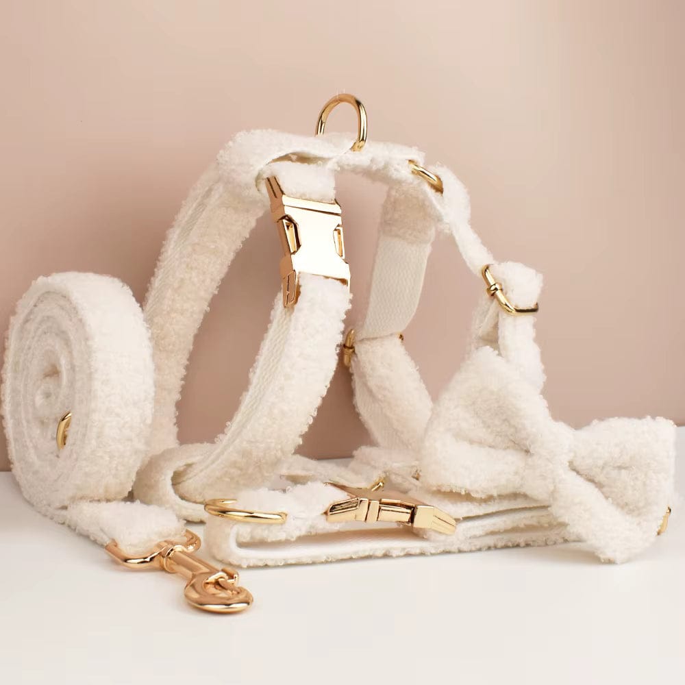 Off-white teddy knit pet harness set with gold-tone hardware and leash attachment clips