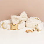 Off-white teddy knit pet set with bowtie, collar, and leash with gold-tone hardware