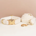 Off-white teddy knit pet collar and leash set with gold-tone buckle and clasp