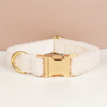 Teddy knit pet collar in off-white with gold-tone buckle and D-ring hardware