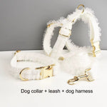 White lace dog collar, leash, and harness set with gold hardware