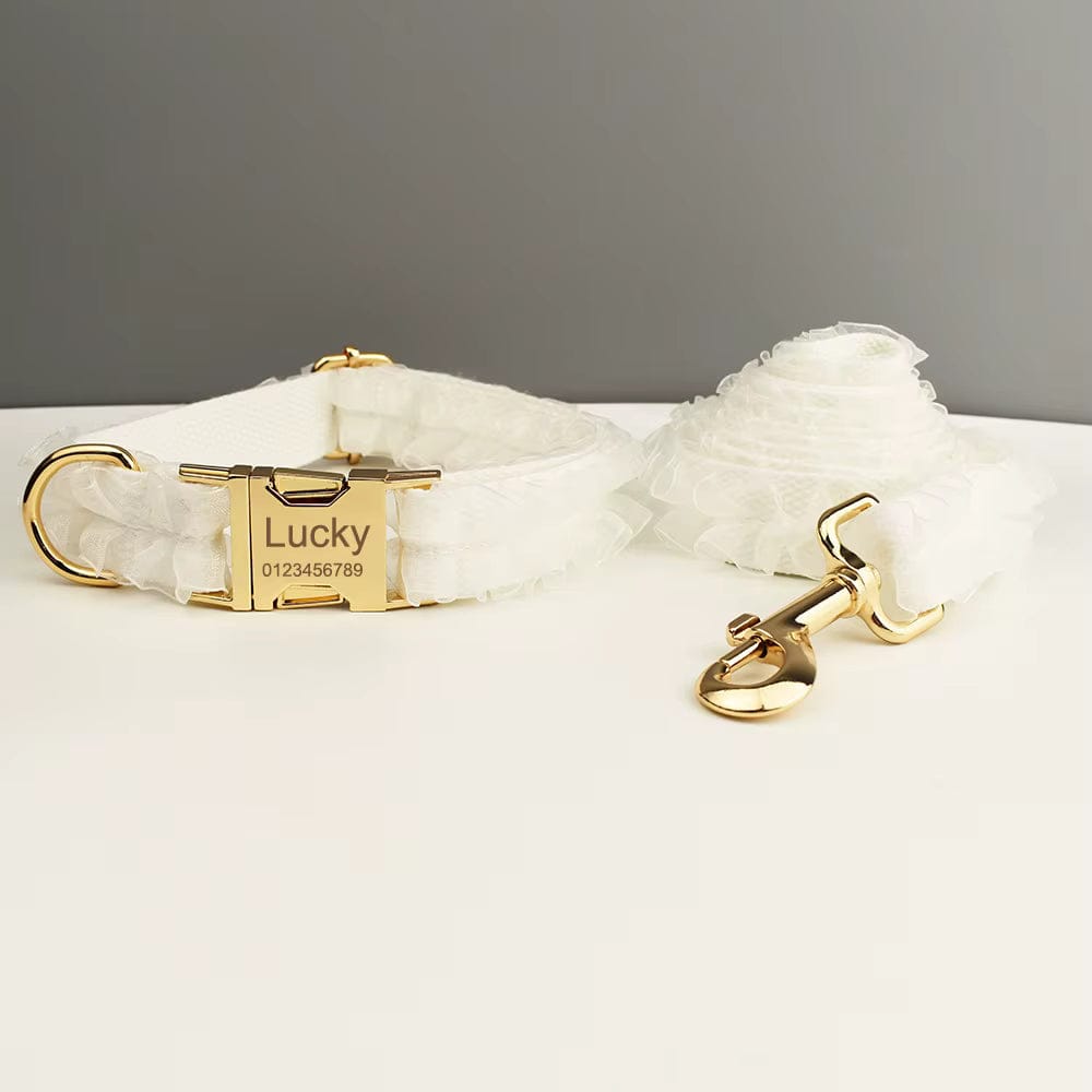 White lace dog collar and leash set with gold hardware