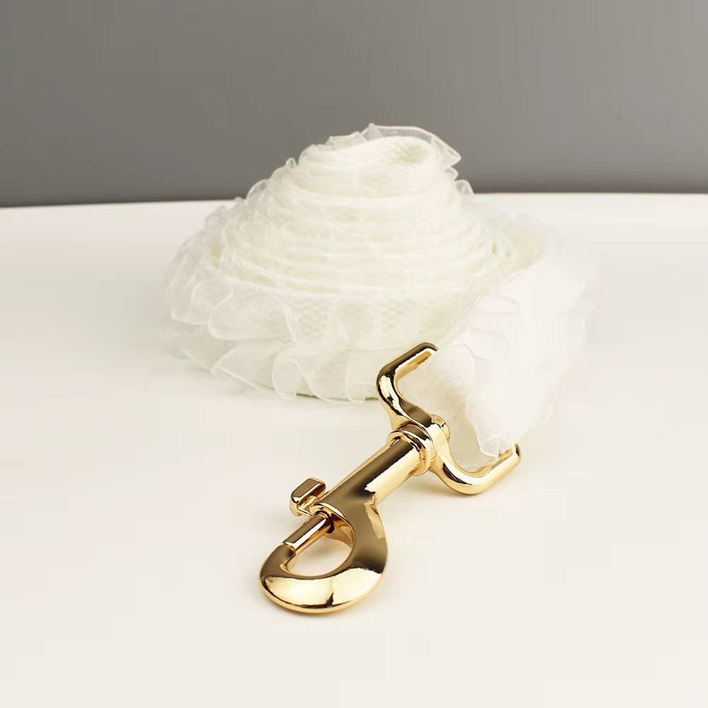 White lace dog leash with gold clasp and snap hook
