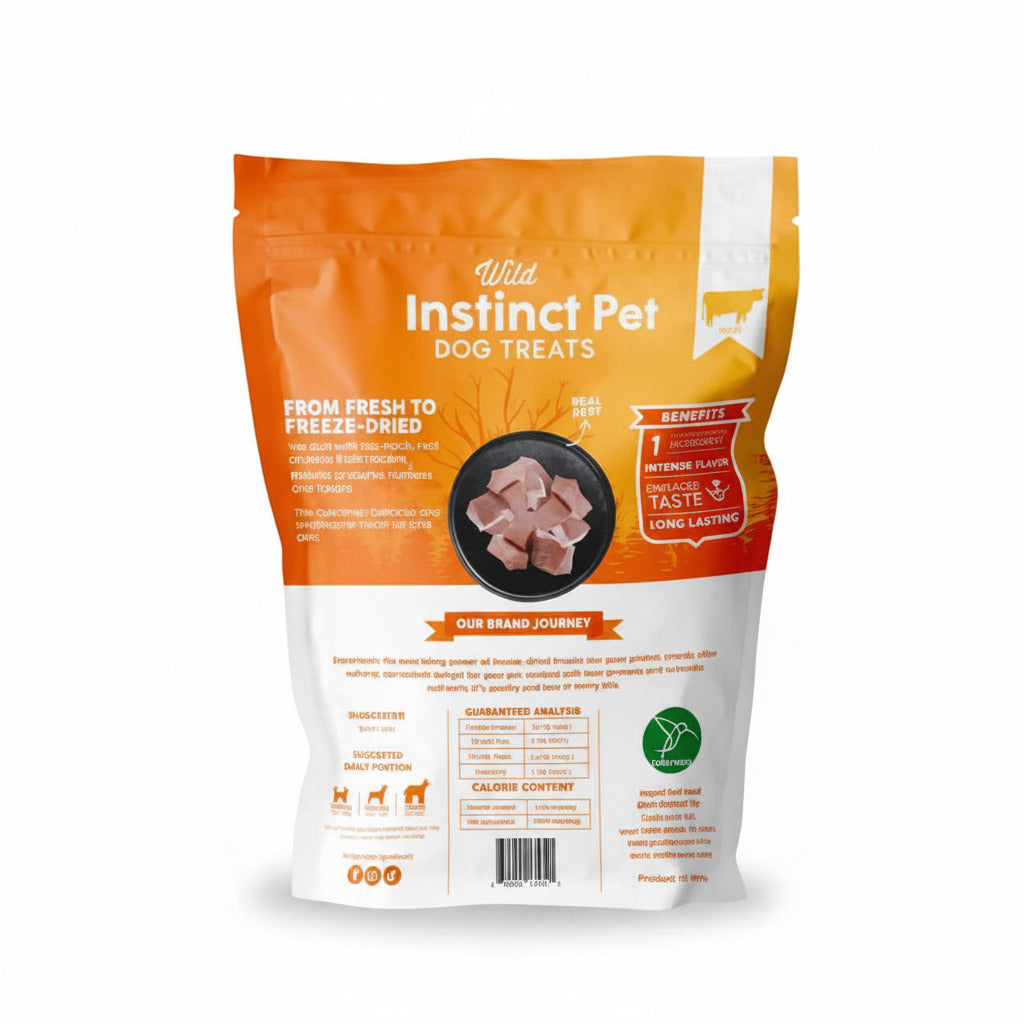 Freeze-dried beef liver dog treats bag back view with product info