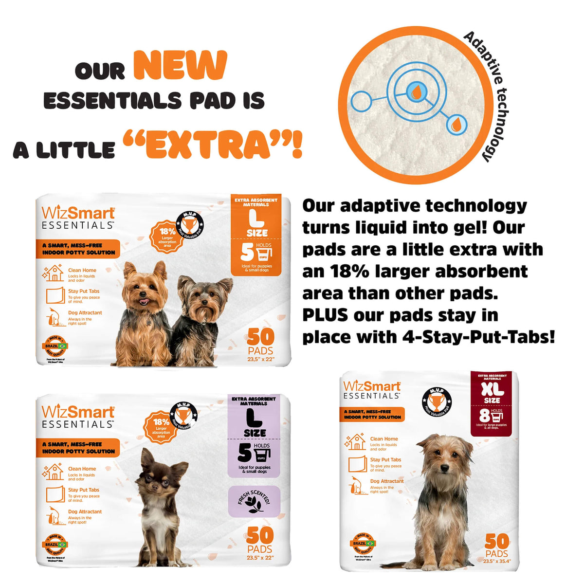Dog training pad packaging showing extra absorbent “extra” gel technology and size options