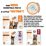 Dog training pad packaging showing extra absorbent “extra” gel technology and size options