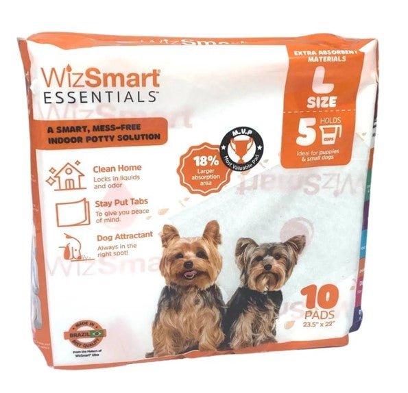 Large dog training pads, pack of 10, off-white absorbent sheets in orange-trim bag