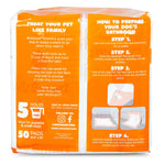 Dog potty training pads package with preparation steps and tabs, orange front