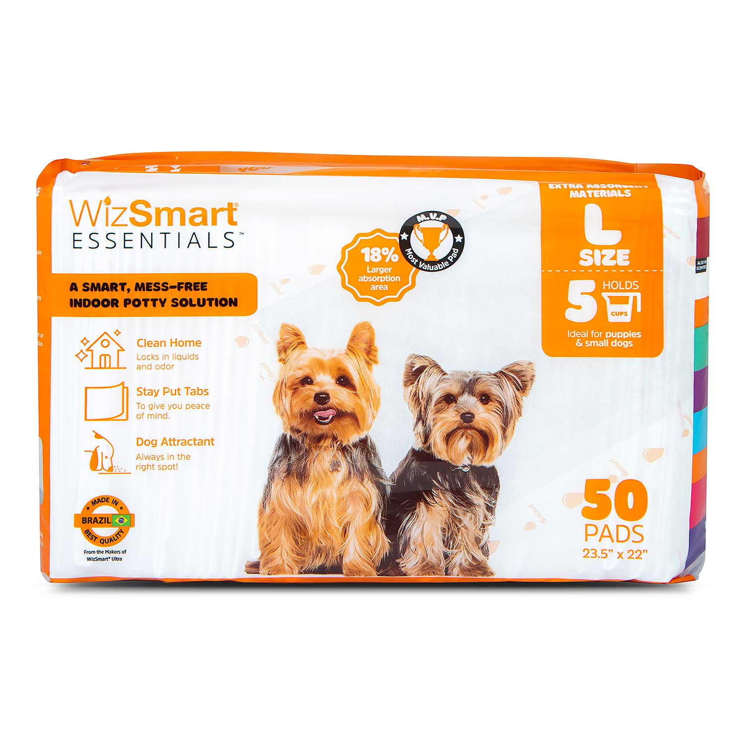 Large dog training pads, pack of 50, off-white absorbent sheets in orange-trim bag