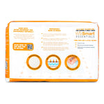 Dog potty training pads package back panel with product features, orange trim
