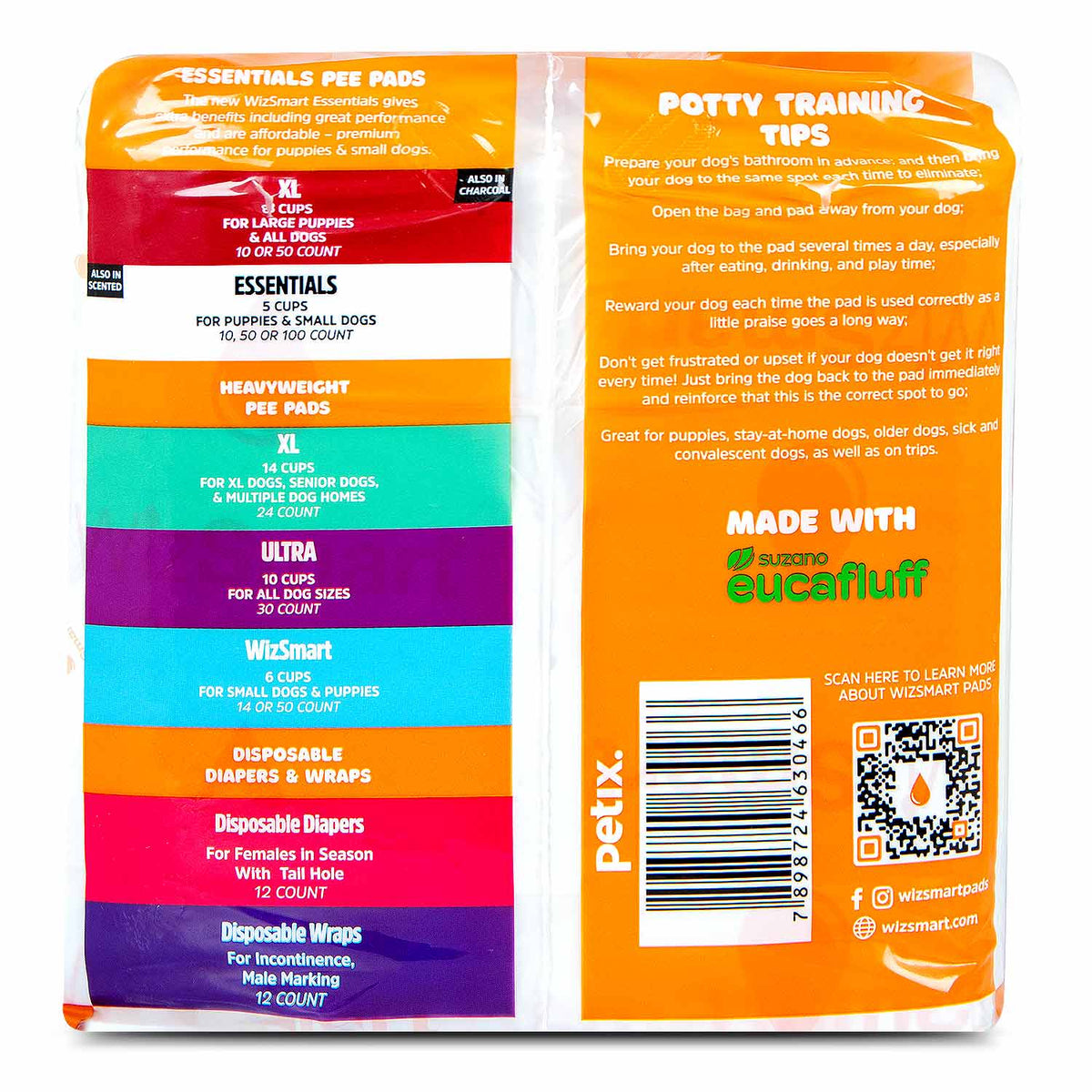 Dog training pads package side with size info and barcode, multicolor panel