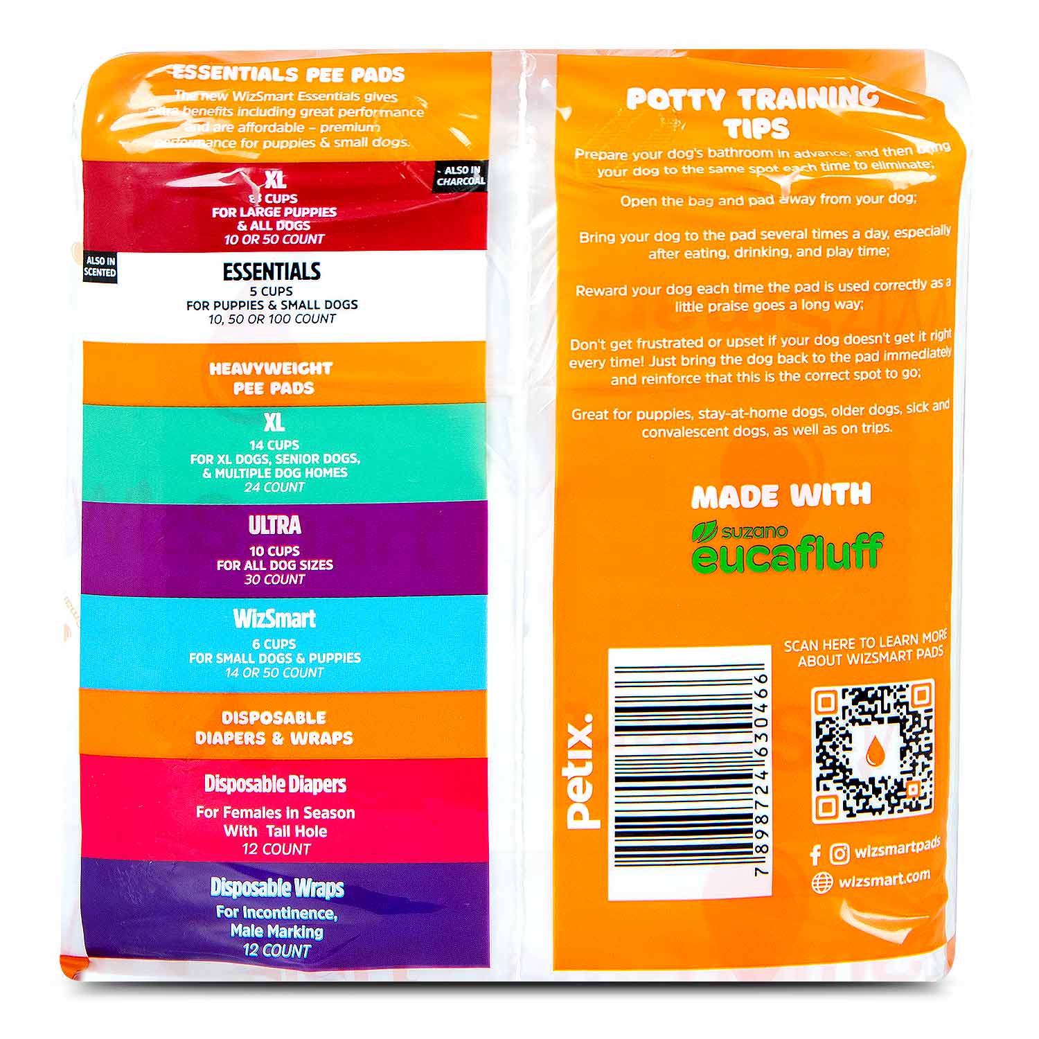 Dog training pads package side with size info and barcode, multicolor panel