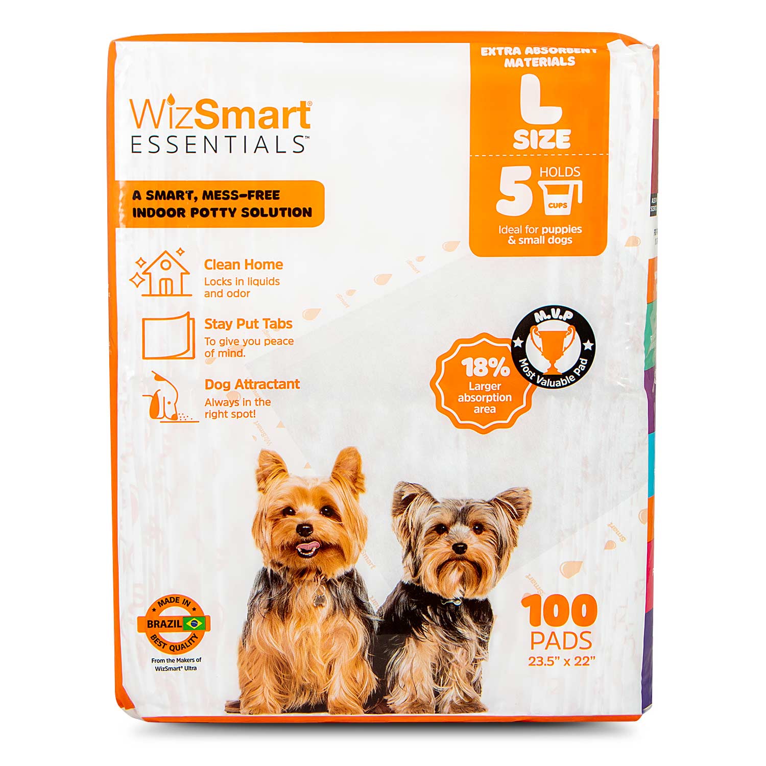 WizSmart Essentials large dog training pads package, orange and white with dogs