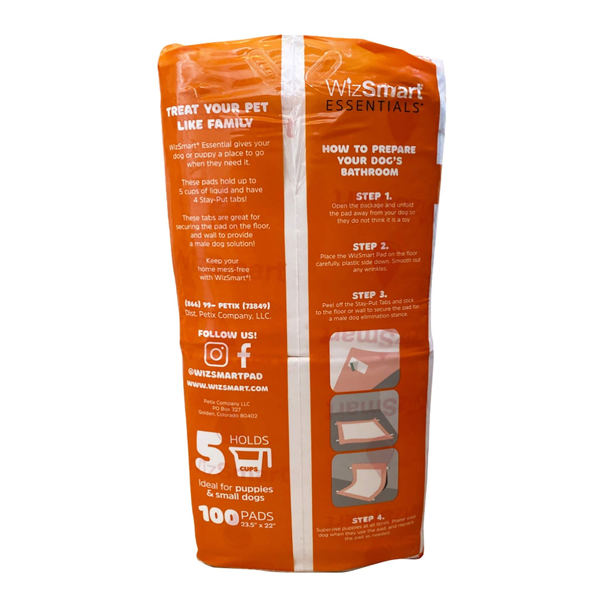 Dog training pads package side with how-to steps and brand marks, orange pouch