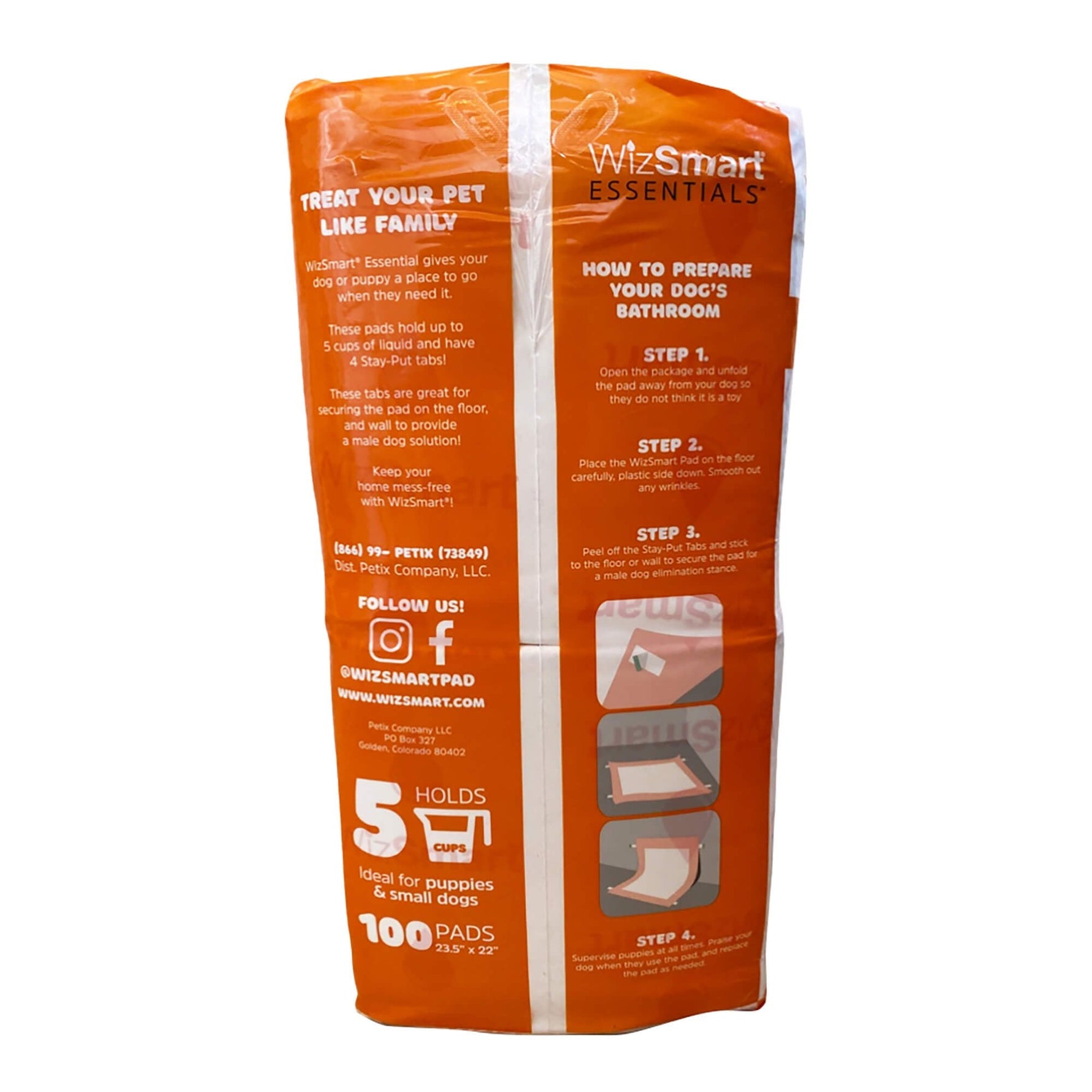 Dog training pads package side with how-to steps and brand marks, orange pouch