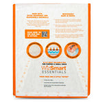 Dog training pads package back with absorbent tabs icons and brand name, orange border