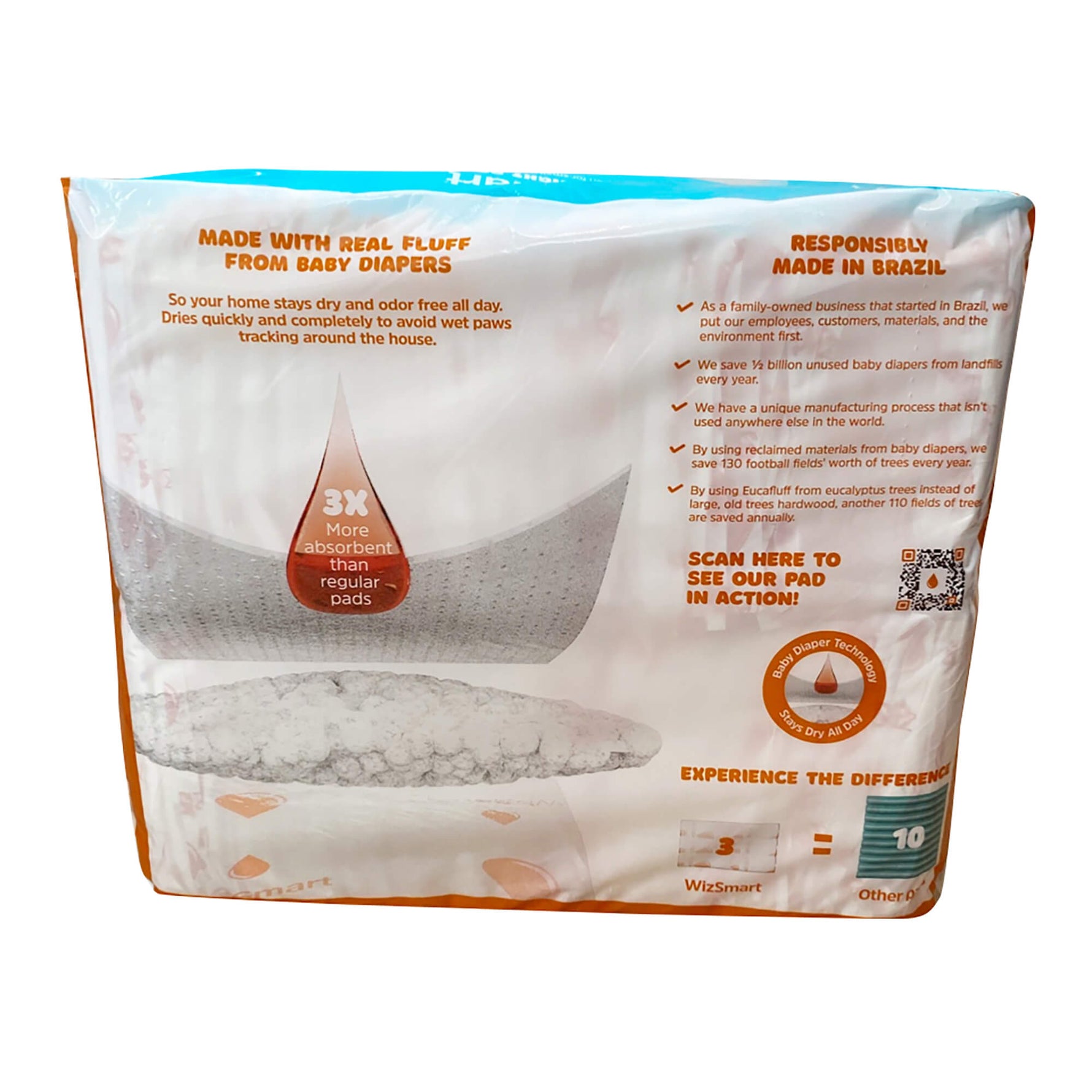 WizSmart heavyweight dog pee pad package with absorbency comparison and made-in Brazil info