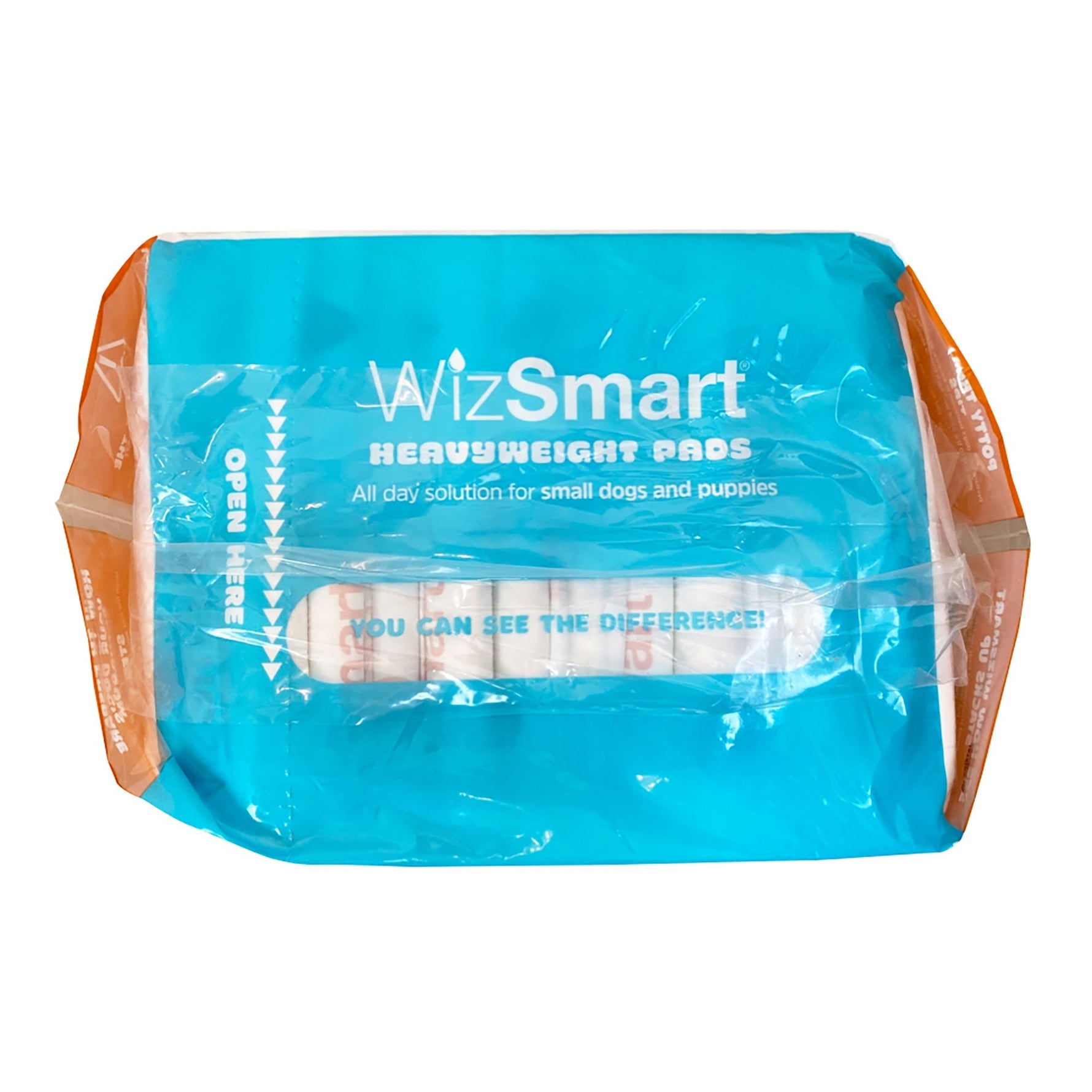 WizSmart heavyweight dog training pad bag, blue center with orange side panels.