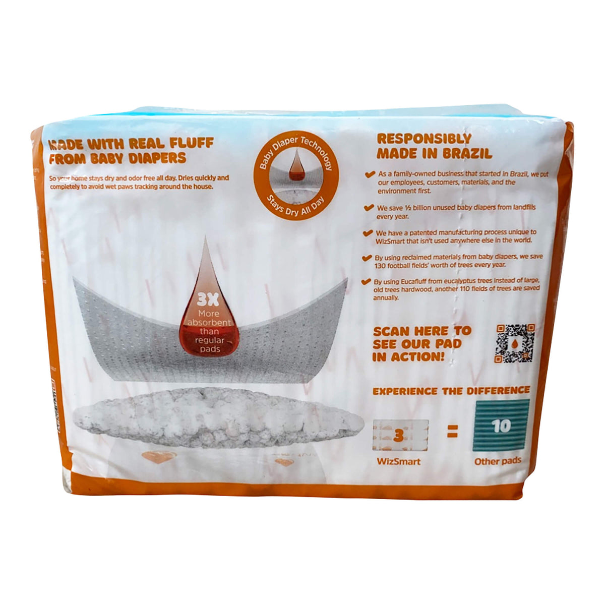 WizSmart heavyweight dog pee pad package showing real fluff and absorbency claims