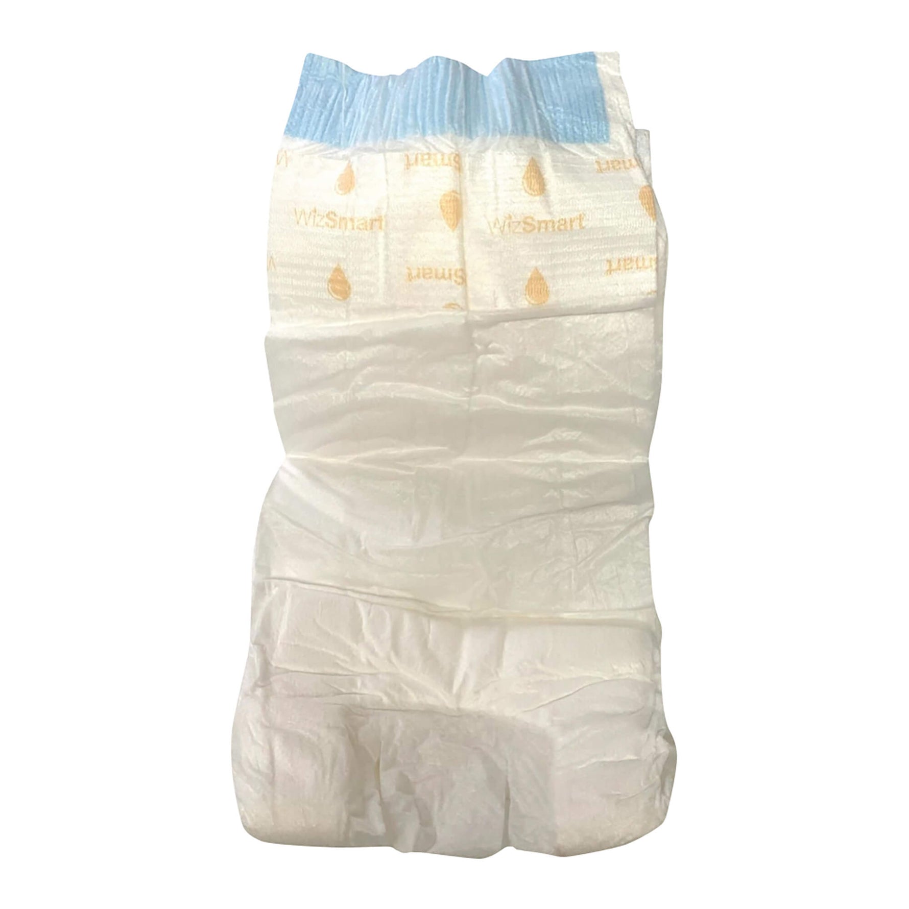 Disposable diaper with blue elastic tabs and white outer cover