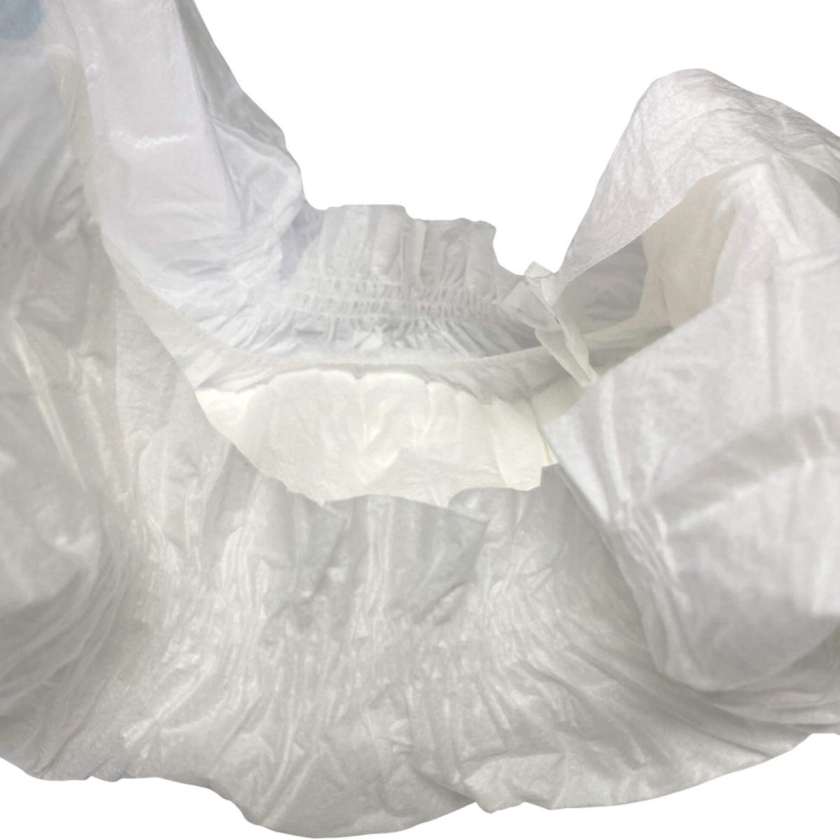 Disposable diaper rear view with elastic leg cuffs and waistband