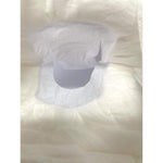 Disposable diaper with white absorbent pad and front opening, lying flat