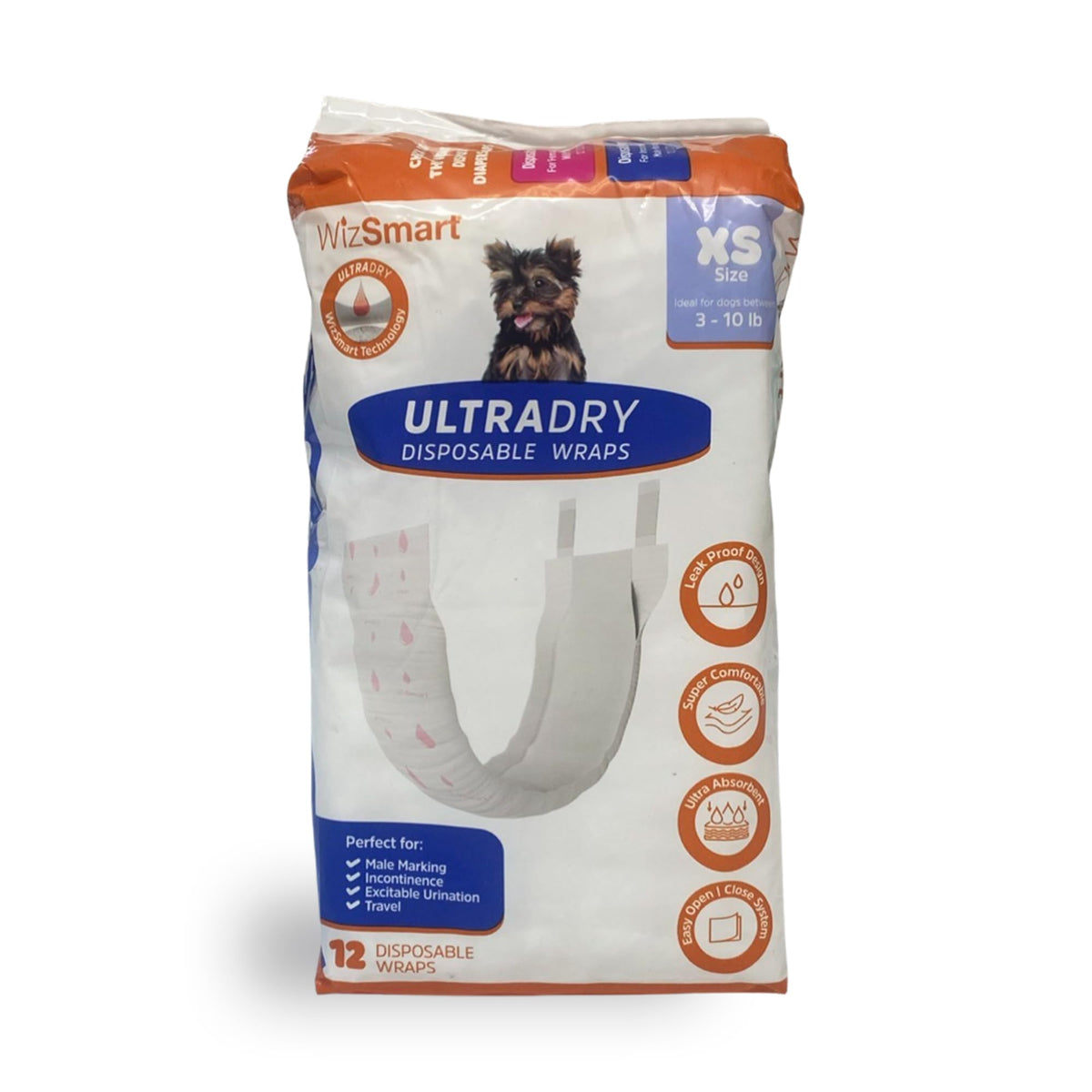 Disposable male dog wraps, size XS, 12 count package