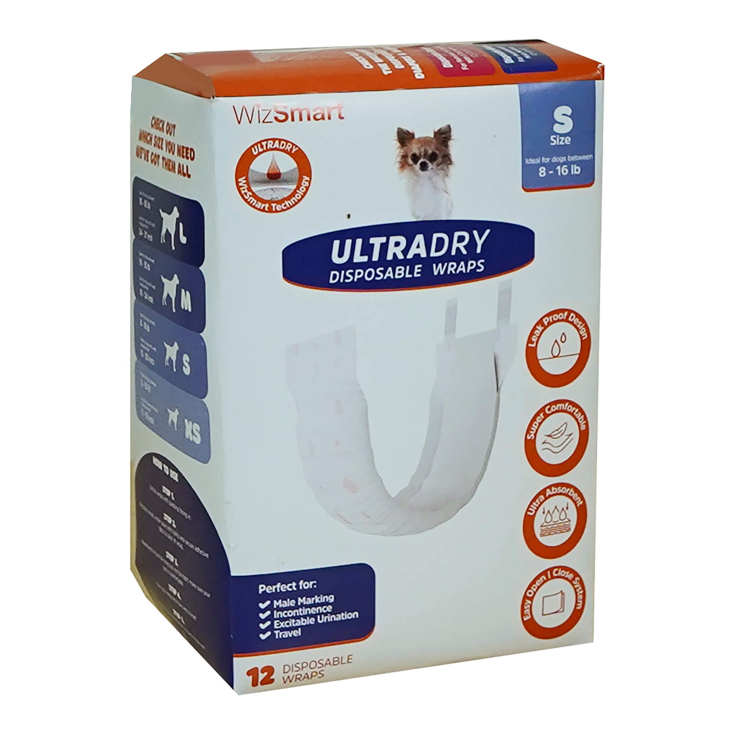 Disposable male dog wraps, size S, 12 count package