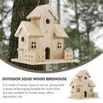 Beige wooden outdoor birdhouse with arched door, round entry, mounted on hanging stand