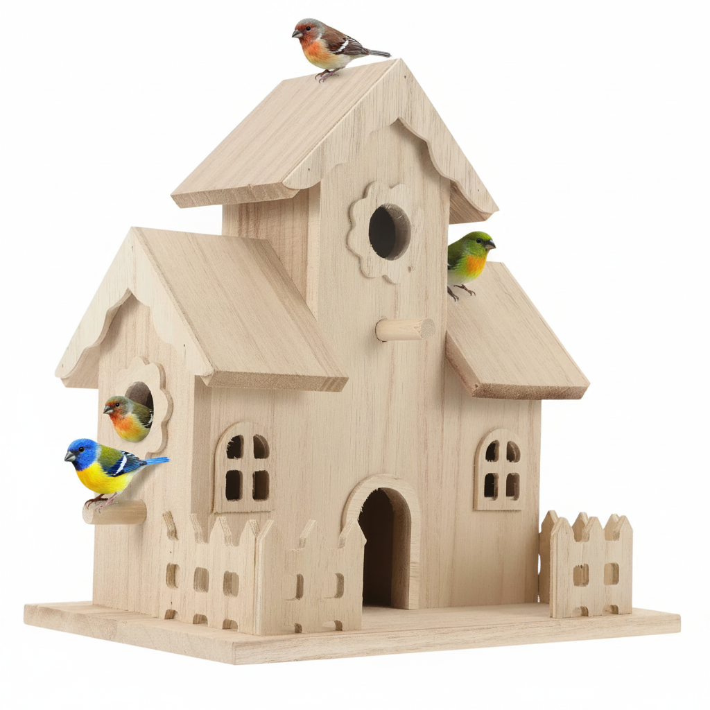 Beige wooden bird nesting box with two eaves, front arched door, round entry hole