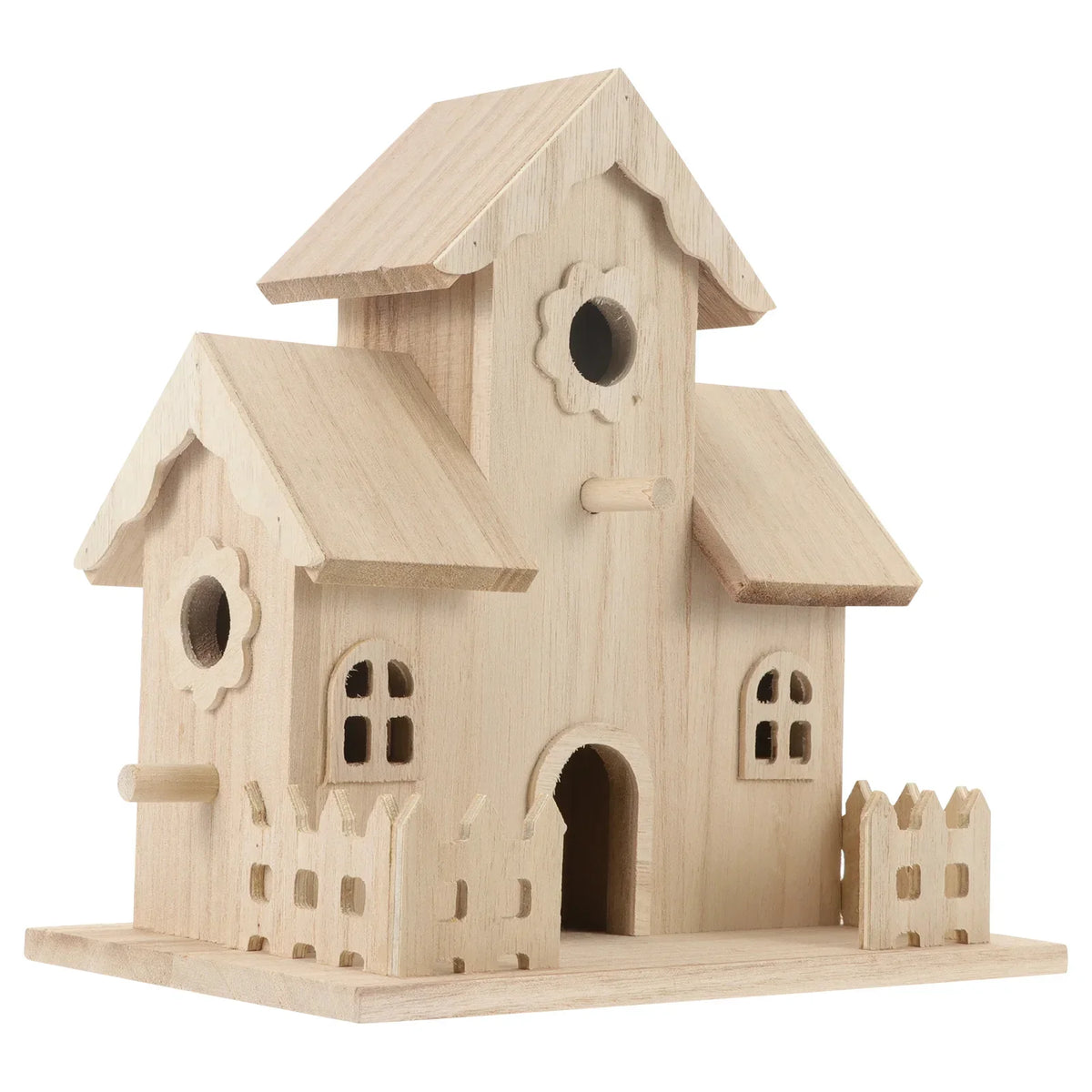 Beige wooden bird nesting box with triangular roof, side panels, square window cutouts
