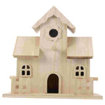 Beige wooden birdhouse with round roof hole, arched front doorway, side window openings