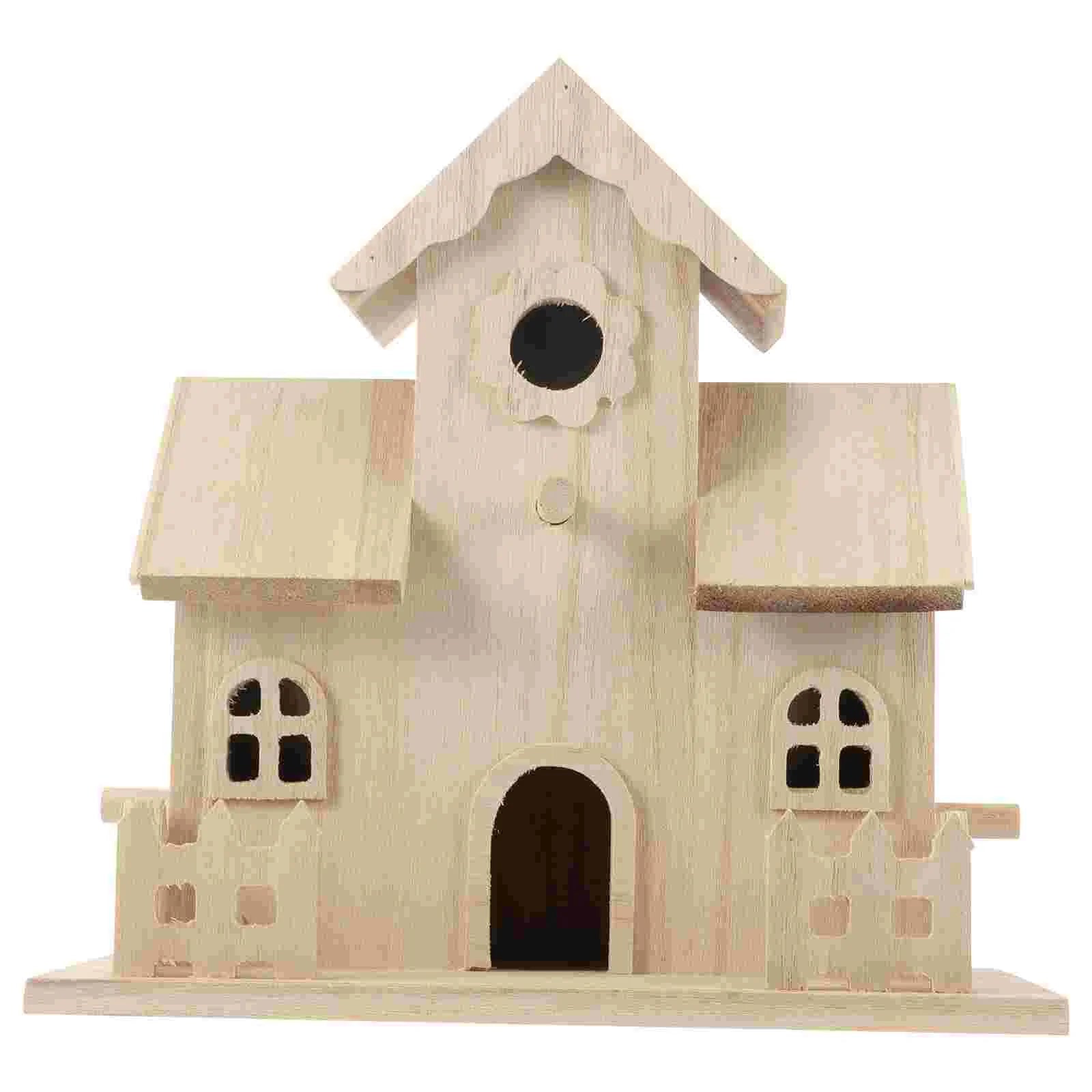 Beige wooden birdhouse with round roof hole, arched front doorway, side window openings