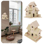 Beige wooden bird nesting box shown from top and side views, with round entry holes